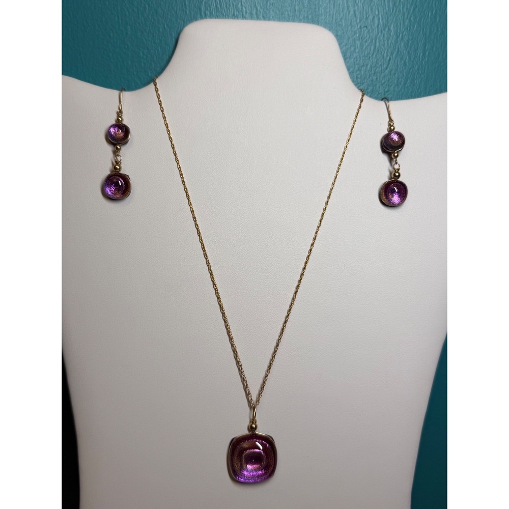 Dichroic Glass‎ Jewelry Set Necklace Earrings Purple 14K Gold Filled Arty MSCO